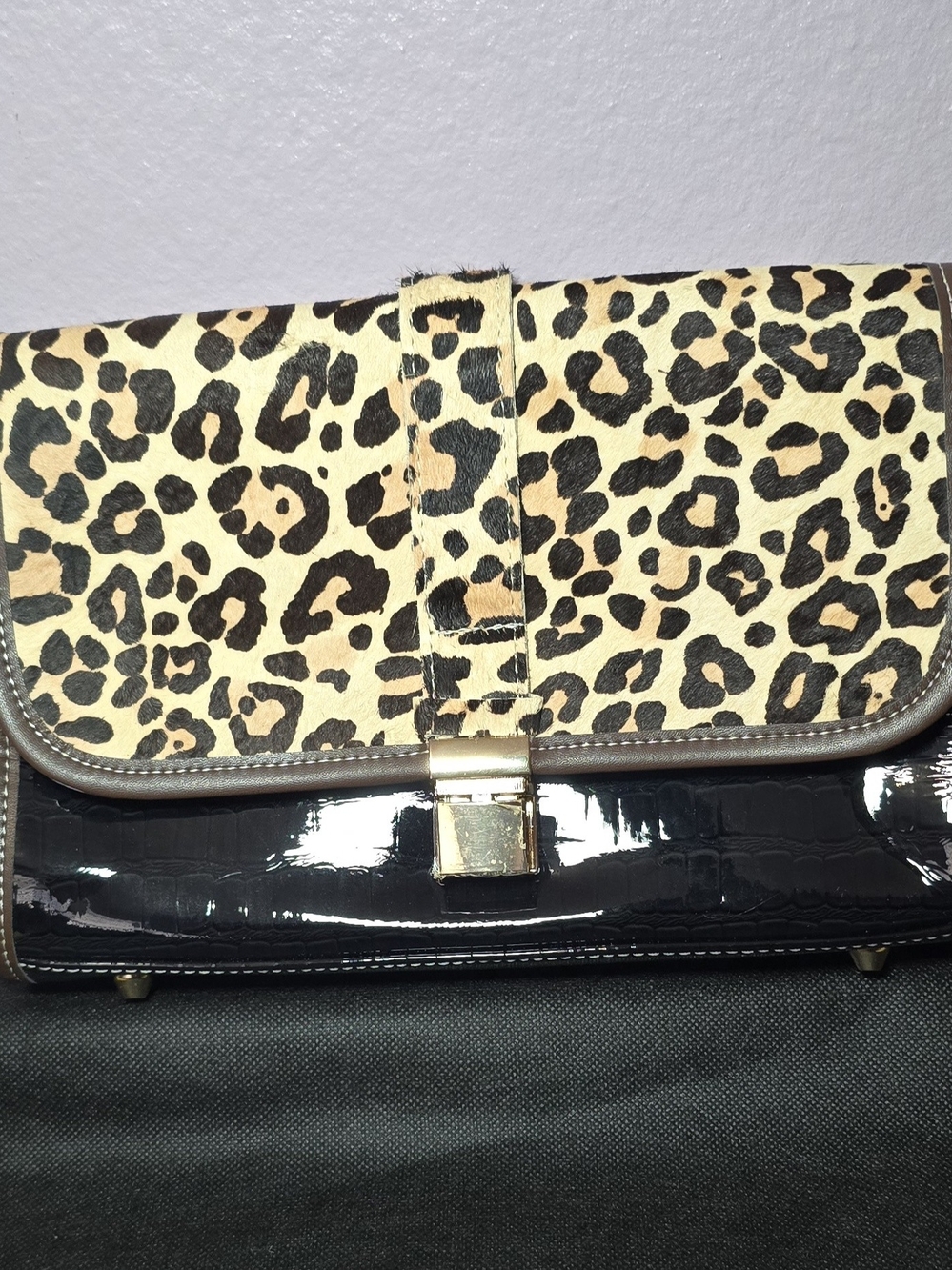 Leopard Print and Black Patent Genuine Leather Crossbody Bag